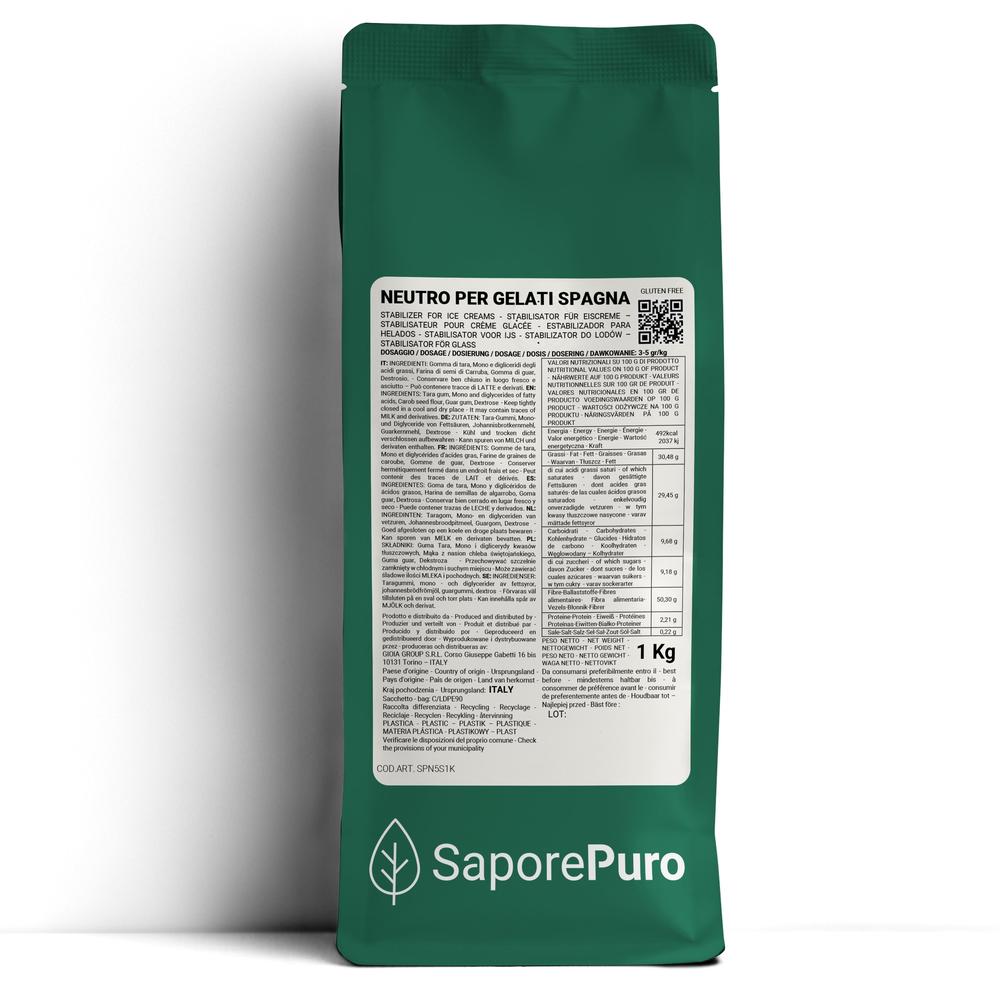 Neutro per Gelato SaporePuro preparato per gelato con stabilizzante, in confezione frontale con etichetta visibile.